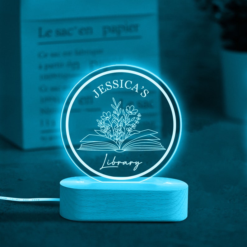 Personalized Book Night Light, Custom Name Library Acrylic Night Light, Bookish Room Decor, Librarian Gift, Book Lover Gift for Her