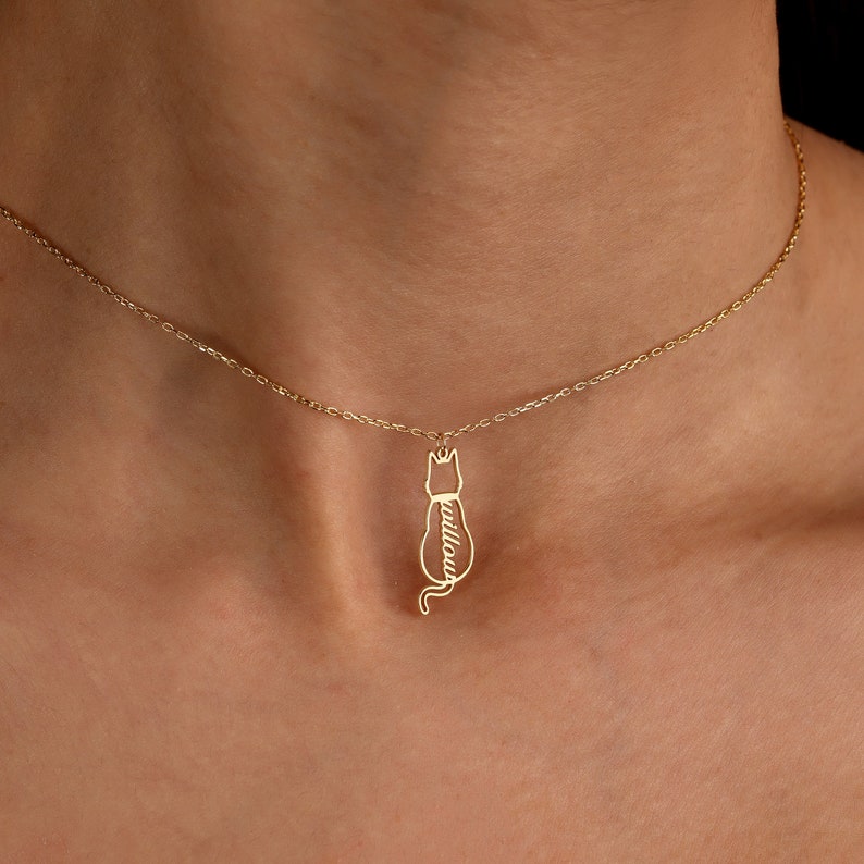 Personalized Named Cat Necklace, Cat Named Necklace, Personalized Cat Memorial Gift, Cat Silhouette Necklace, Custom Cat Letter Jewelry