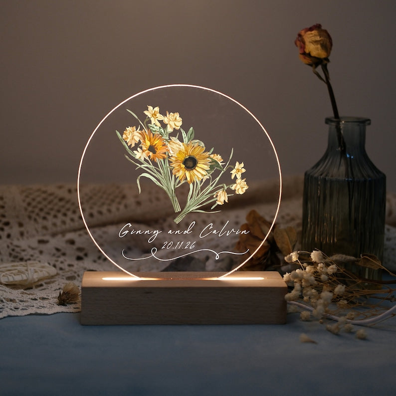 Personalized Sunflower LED Night Light: Custom Couple's Gift