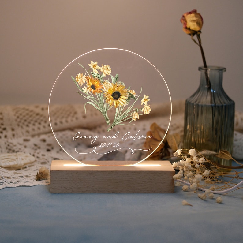 Personalized Sunflower LED Night Light: Custom Couple's Gift