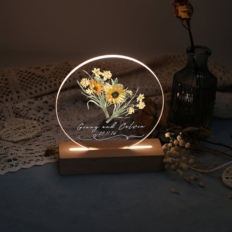 Custom Couples Name Night Light with Sunflower, Personalized Led Night light, Anniversary Gift, Valentine s Gift, Unique Wedding Gift