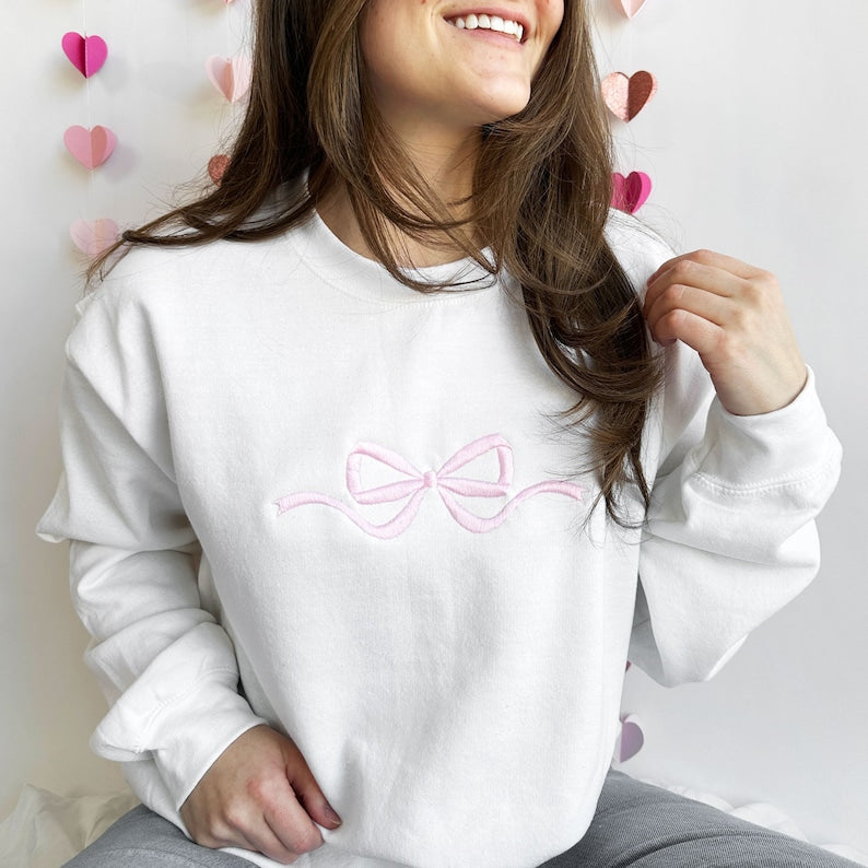 Cute Bow Embroidered Gemma Sweatshirt | Dainty Bow Sweatshirt | Embroidered Bow Ribbon Trendy Sweatshirt | Embroidered Bow | Gift for Her