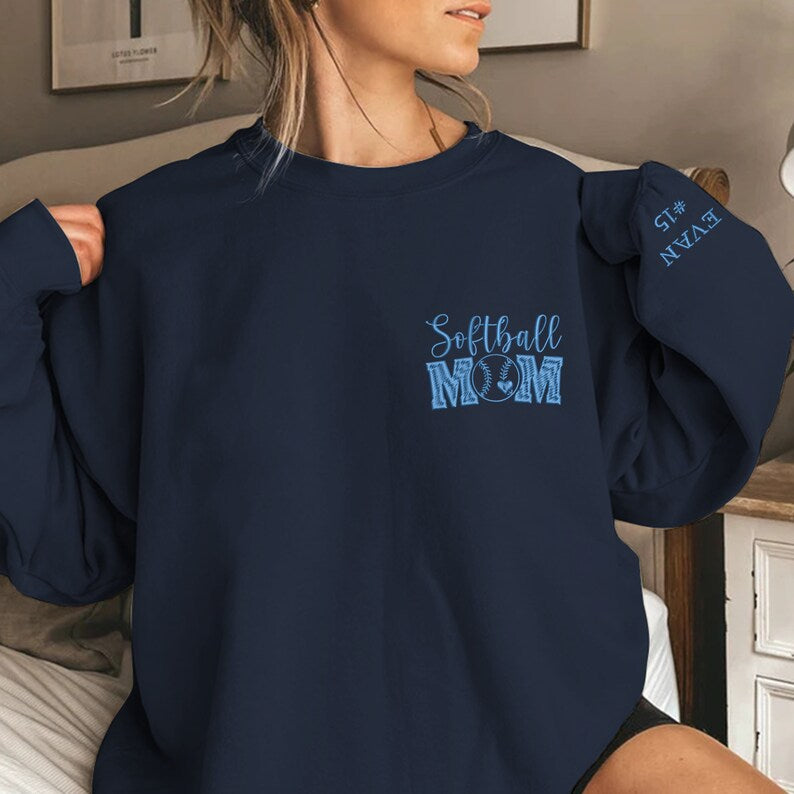 Custom Embroidered Softball Mom Shirt, Softball Mom Shirt with Name and Number on Sleeve, Proud Senior Softball Mom