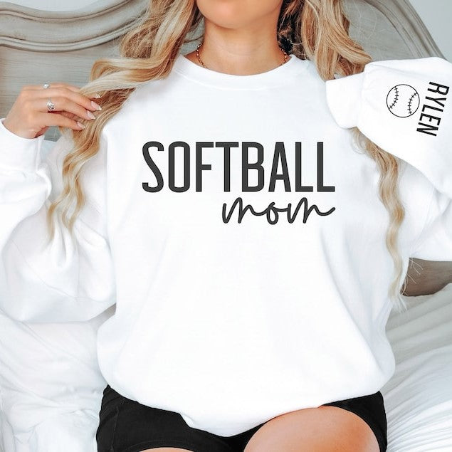 Custom Softball Mom Shirt with Kids Name on Sleeve, Personalized Softball Mama Gift, Proud Senior Mom Crewneck