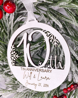 10th Anniversary Gift for Husband or Wife, Personalized Wood Christmas Tree Ornament with Name and Wedding Date for Couples, Celebrate Love