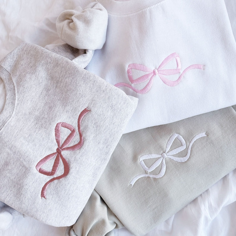 Cute Bow Embroidered Gemma Sweatshirt | Dainty Bow Sweatshirt | Embroidered Bow Ribbon Trendy Sweatshirt | Embroidered Bow | Gift for Her