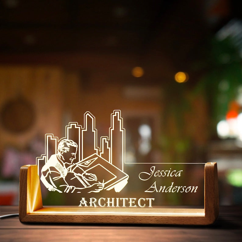 Custom Architect Desk Name Plate Personalized Architecture LED Light Wooden Base Acrylic Office Accessories Wood Name Sign Decor Boss Gift