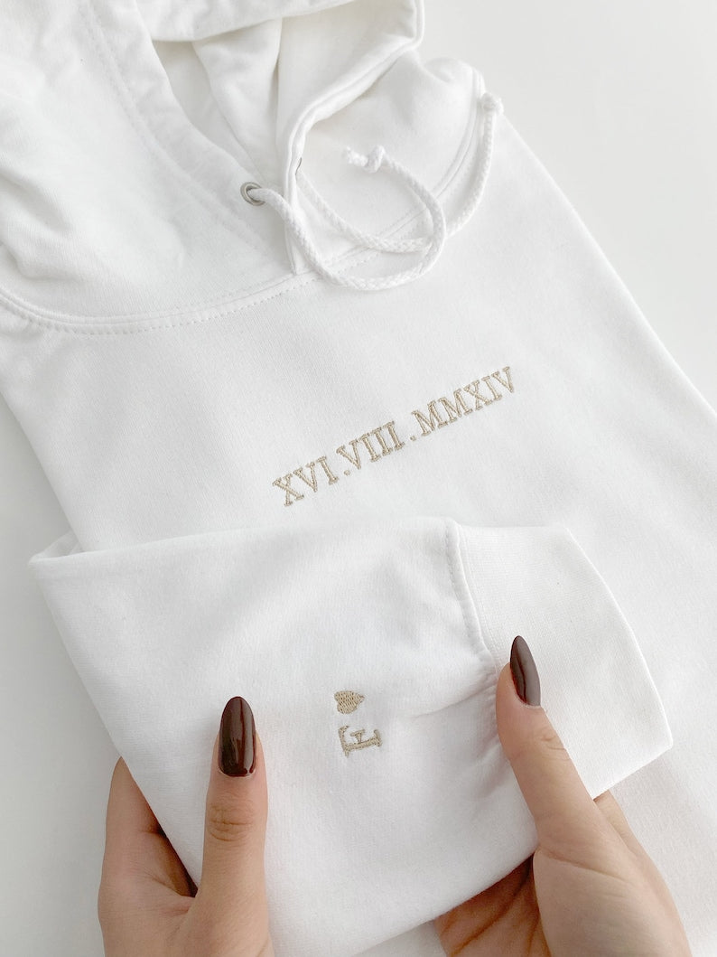 Customised embroidered Couple hoodie, Roman Numerals hoodie, Anniversary Date, Wedding Date, valentines Day Matching Couples Sweatshirt