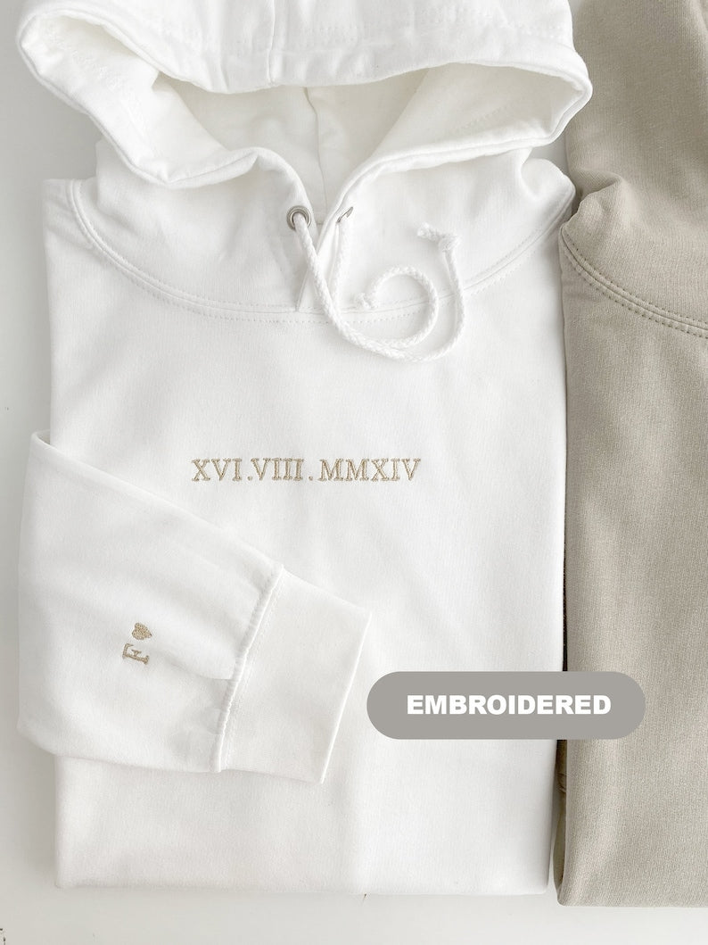 Customised embroidered Couple hoodie, Roman Numerals hoodie, Anniversary Date, Wedding Date, valentines Day Matching Couples Sweatshirt