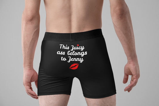 This Juicy Ass Belongs To Personalised Boxers - Custom Funny Men's Boxer Shorts - Valentine's Day. Ideal for Boyfriend, Husband Gift for Him