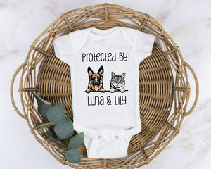 Personalized Protected by Pets Onesie Toddler Standard Youth T-shirt, Custom Dogs and Cats Onesie, Baby Shower Gift, Custom Dog and Cat Breeds, Gift For Kid