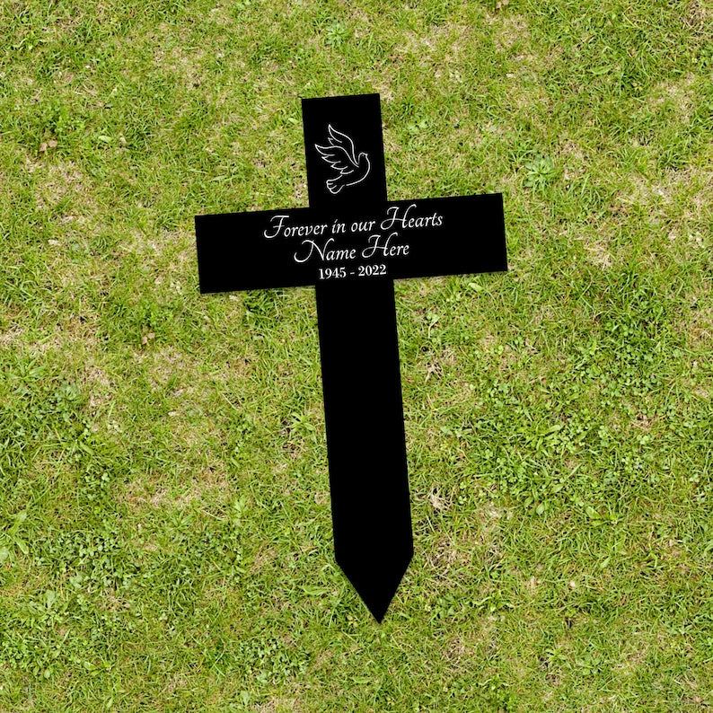 Personalized Memorial Cross Metal, Forever in Our Hearts, Loss of Loved One Condolence Gift, Custom Grave Marker, Custom Memorial Stake