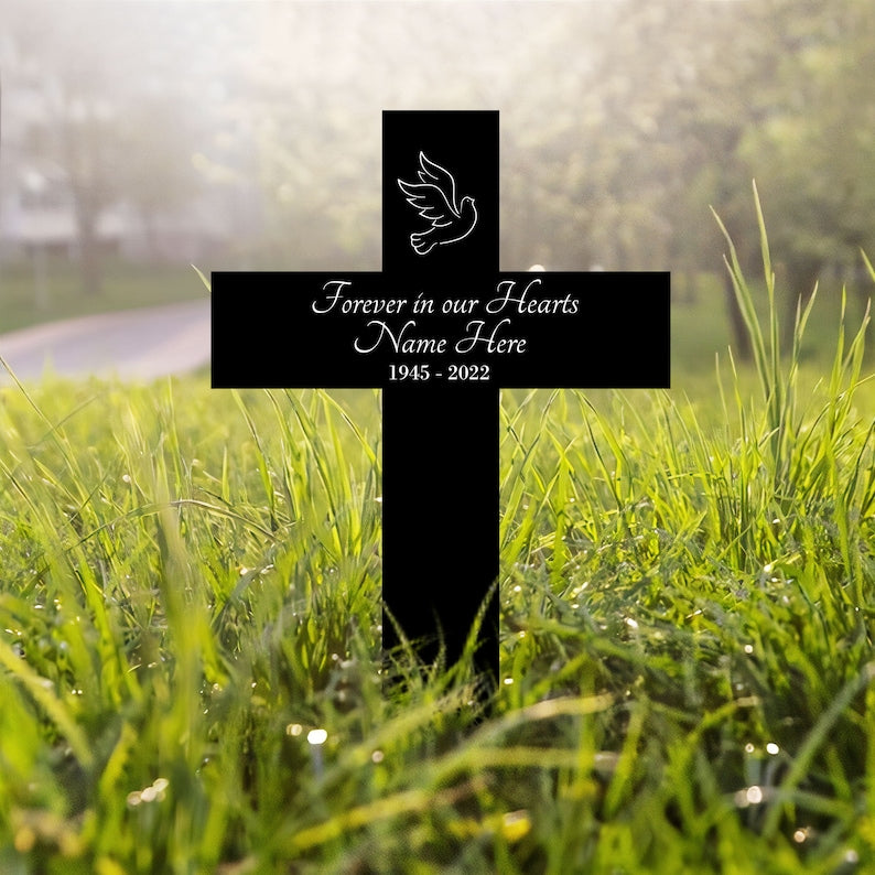 Personalized Memorial Cross Metal, Forever in Our Hearts, Loss of Loved One Condolence Gift, Custom Grave Marker, Custom Memorial Stake