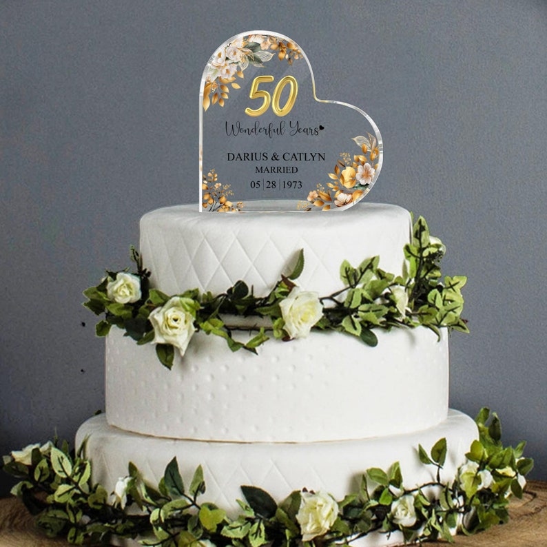Personalized 50th Wedding Anniversary Cake Topper Heart Acrylic Plaque, Golden Anniversary Gifts, Gift For Parents, 50th Anniversary