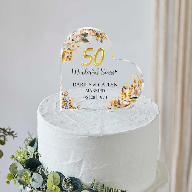 Personalized 50th Wedding Anniversary Cake Topper Heart Acrylic Plaque, Golden Anniversary Gifts, Gift For Parents, 50th Anniversary