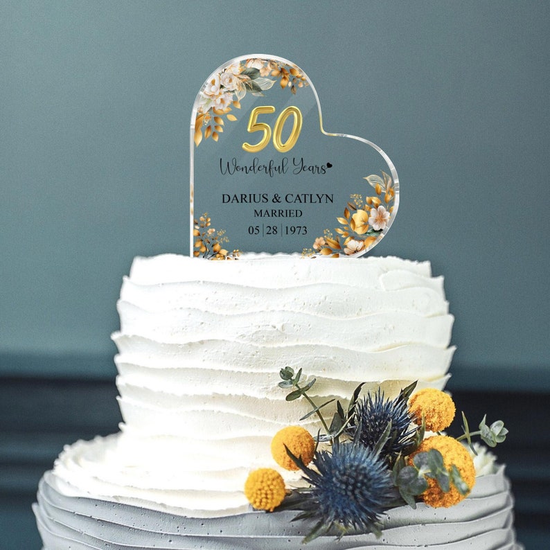 Personalized 50th Wedding Anniversary Cake Topper Heart Acrylic Plaque, Golden Anniversary Gifts, Gift For Parents, 50th Anniversary
