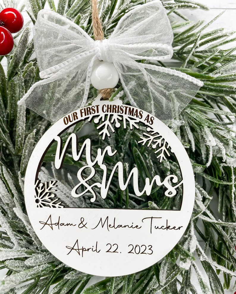 Personalized Wedding Christmas Ornament, Our First Christmas Married Ornament, Mr & Mrs Christmas Ornament, Newlywed Christmas Ornament Gift