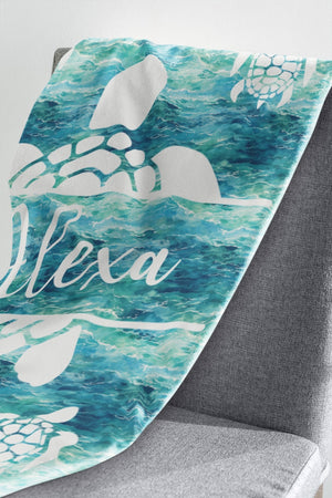 Personalized Sea Turtle Blanket | Customizable Sea Turtle Ocean Waves Blanket | Soft Blanket | Toddler Blanket | Comfy Throw Blanket