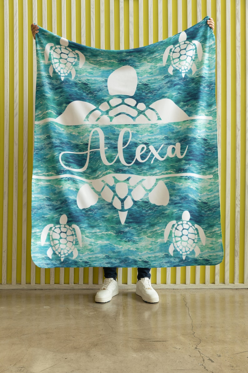 Personalized Sea Turtle Blanket | Customizable Sea Turtle Ocean Waves Blanket | Soft Blanket | Toddler Blanket | Comfy Throw Blanket