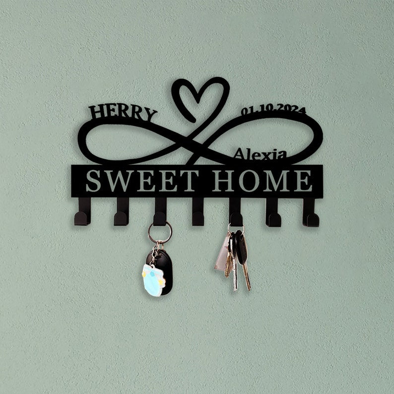 Custom Heart Key Holder, Wall Decor, Infinity Heart Key Hooks, Housewarming Gift, Personalized Infinity Metal Sign, Mothers Day Gift