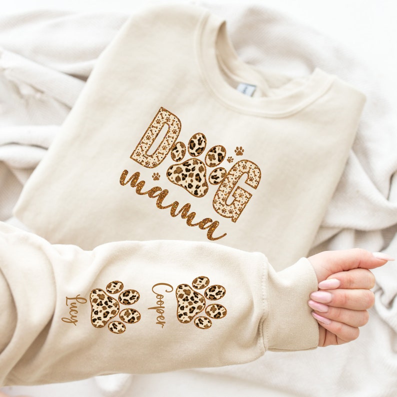 Custom Leopard Dog Mama Sweatshirt, Custom Dog Mom Sweatshirt, Dog Name on Sleeve Hoodie, Dog Mom Gift, Gift For Dog Mom, Dog Mama Crewneck