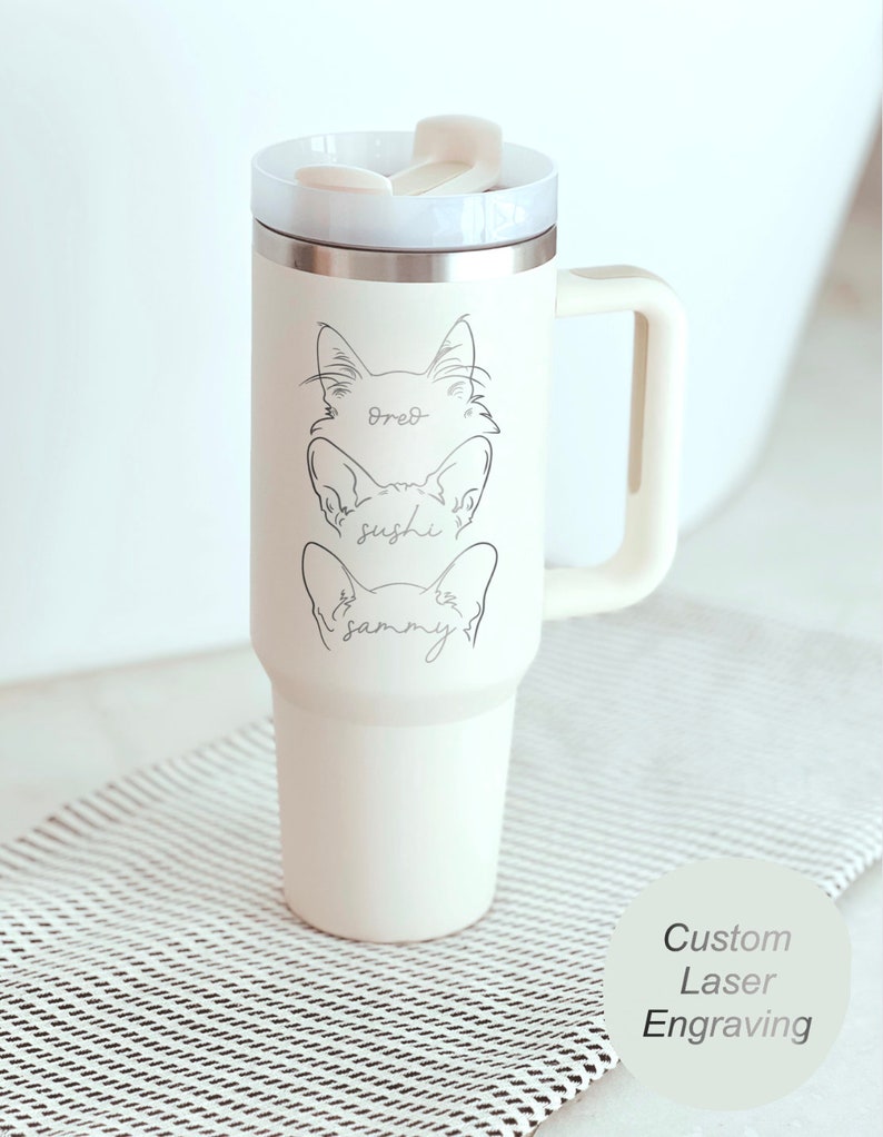 Custom Cat Ears 40oz Tumbler with Handle - Unique Pet Owner Gift, Personalized Cat Lover Cup, Cute Cat Name Engraved Gift, Mom Mother's Day