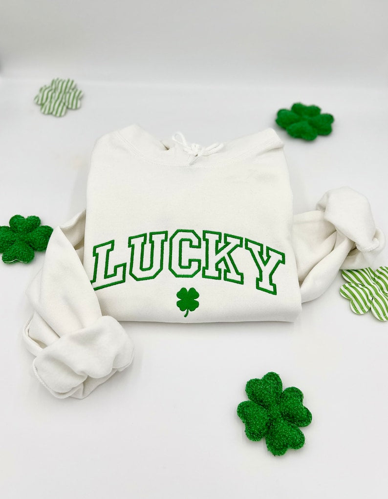 Embroidered St. Patricks Day Sweatshirt-Hoodies, Lucky Unisex Crewneck, Shamrock-Irish Sweatshirt, St Pattys, Simple Holiday Sweater, Gift