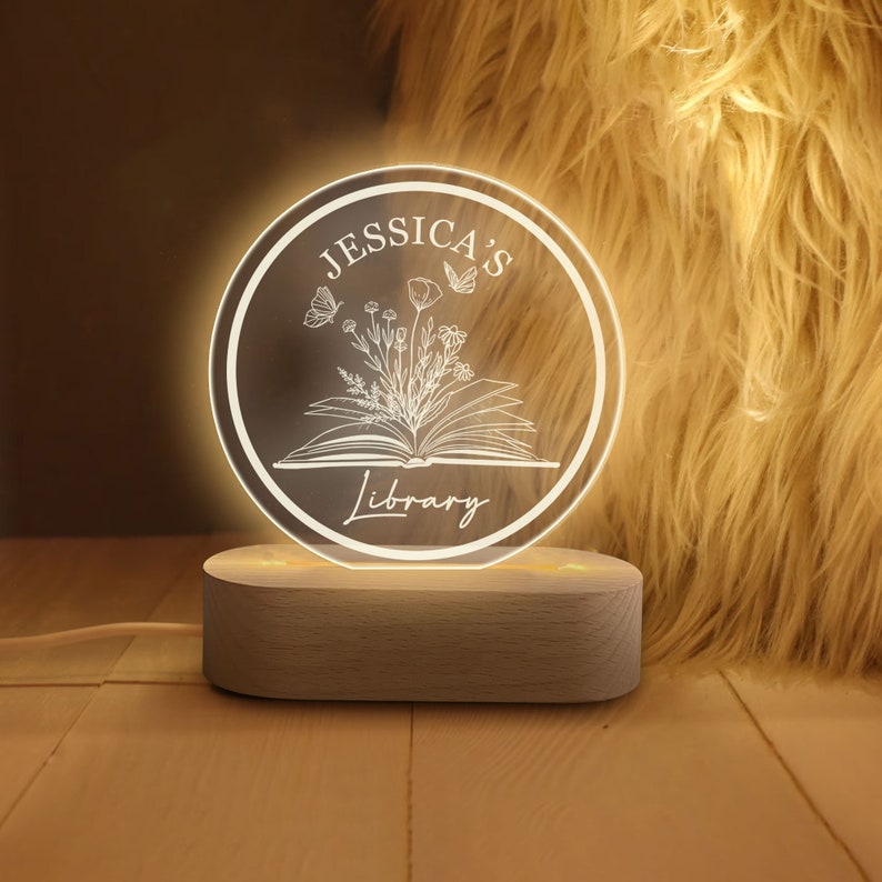 Personalized Book Night Light, Custom Name Library Acrylic Night Light, Bookish Room Decor, Librarian Gift, Book Lover Gift for Her