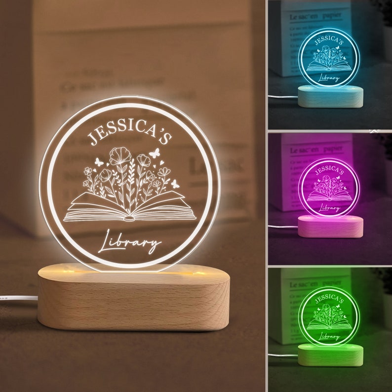 Personalized Book Night Light, Custom Name Library Acrylic Night Light, Bookish Room Decor, Librarian Gift, Book Lover Gift for Her
