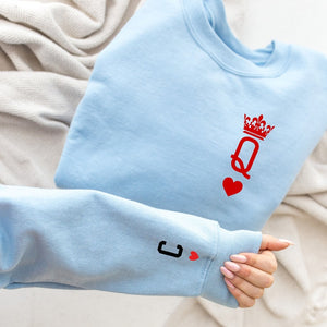 Couple Sweatshirt, King Queen sweatshirt, Valentine day Couple Sweatshirt & sleeve design, Anniversary gift, Valentine shirt, Valentine gift
