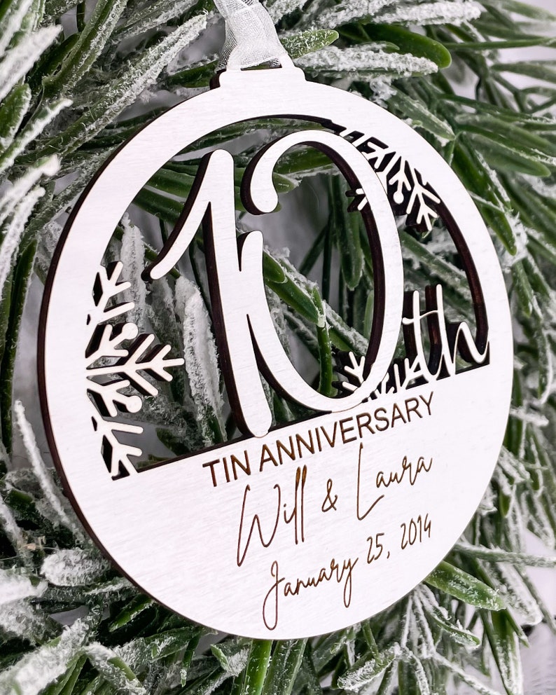 10th Anniversary Gift for Husband or Wife, Personalized Wood Christmas Tree Ornament with Name and Wedding Date for Couples, Celebrate Love