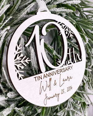 10th Anniversary Gift for Husband or Wife, Personalized Wood Christmas Tree Ornament with Name and Wedding Date for Couples, Celebrate Love