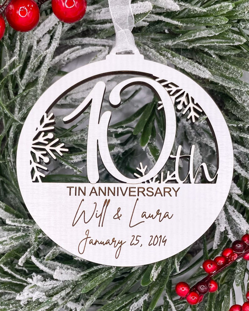 10th Anniversary Gift for Husband or Wife, Personalized Wood Christmas Tree Ornament with Name and Wedding Date for Couples, Celebrate Love