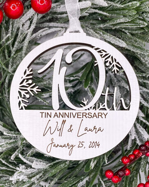 10th Anniversary Gift for Husband or Wife, Personalized Wood Christmas Tree Ornament with Name and Wedding Date for Couples, Celebrate Love