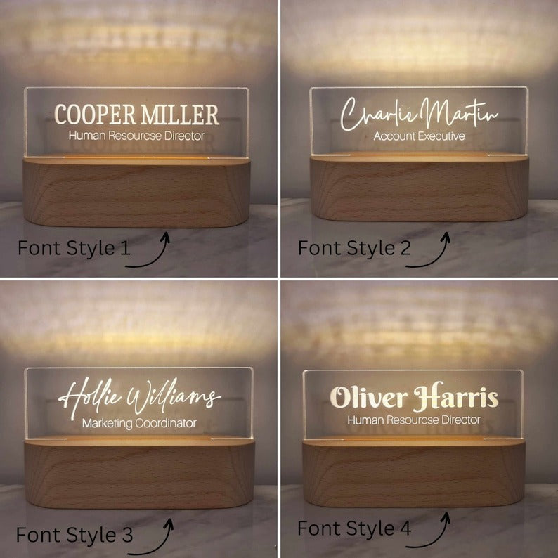 Personalized Desk Name Plate with Wooden Base, Lighted Acrylic Nameplate, Desk Accessories, Office Gifts for Boss Coworkers, New Job Gifts