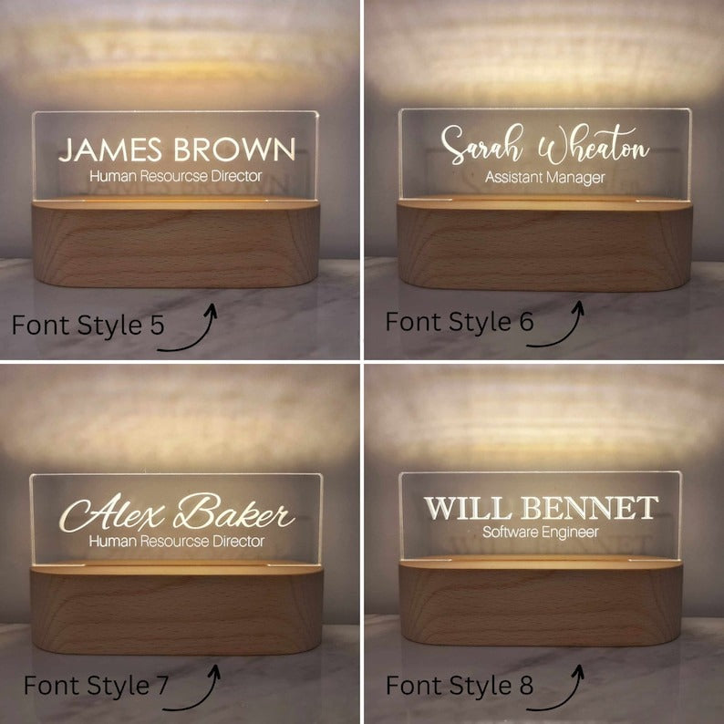 Personalized Desk Name Plate with Wooden Base, Lighted Acrylic Nameplate, Desk Accessories, Office Gifts for Boss Coworkers, New Job Gifts