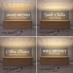 Personalized Desk Name Plate with Wooden Base, Lighted Acrylic Nameplate, Desk Accessories, Office Gifts for Boss Coworkers, New Job Gifts