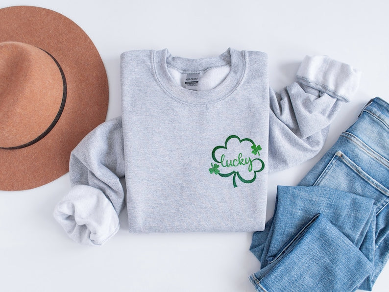 Embroidered St Patricks Day Sweatshirt, Embroidered Lucky Sweatshirt, Embroidered Clover Shirt, Lucky Shirt, Embroidered St Patricks Day Tee
