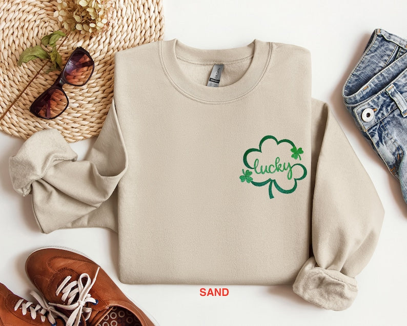 Embroidered St Patricks Day Sweatshirt, Embroidered Lucky Sweatshirt, Embroidered Clover Shirt, Lucky Shirt, Embroidered St Patricks Day Tee