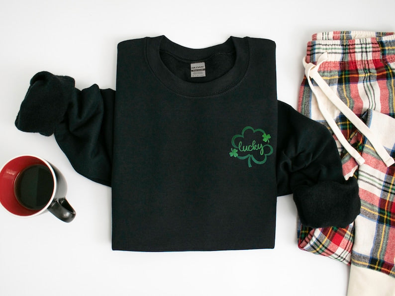Embroidered St Patricks Day Sweatshirt, Embroidered Lucky Sweatshirt, Embroidered Clover Shirt, Lucky Shirt, Embroidered St Patricks Day Tee