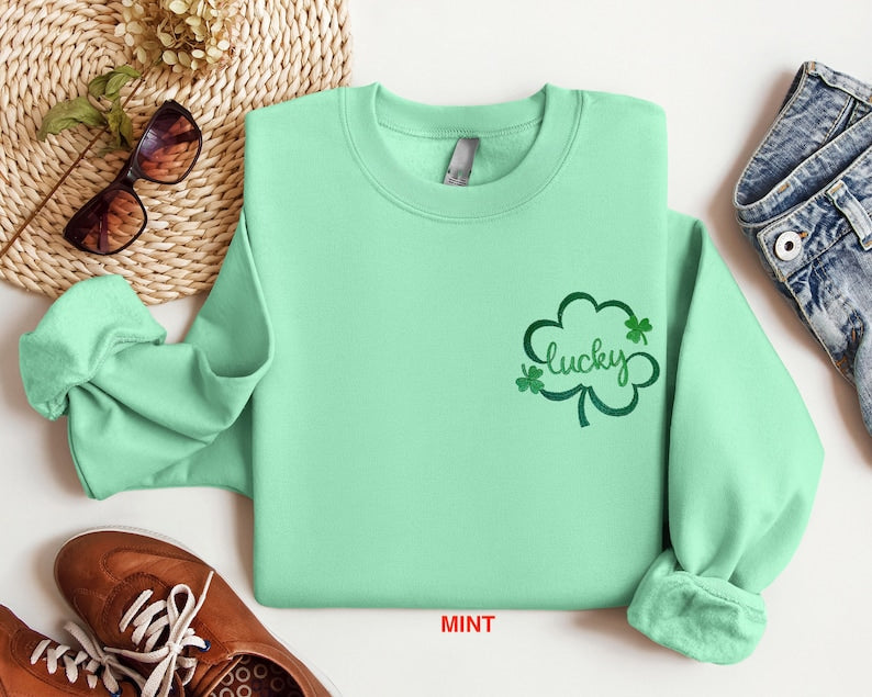 Embroidered St Patricks Day Sweatshirt, Embroidered Lucky Sweatshirt, Embroidered Clover Shirt, Lucky Shirt, Embroidered St Patricks Day Tee