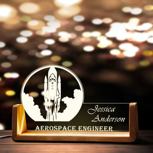 Custom Aerospace Engineer Desk Name Plate Personalized Aircraft LED Light Wooden Base Acrylic Office Accessories Wood Name Sign Decor Gift