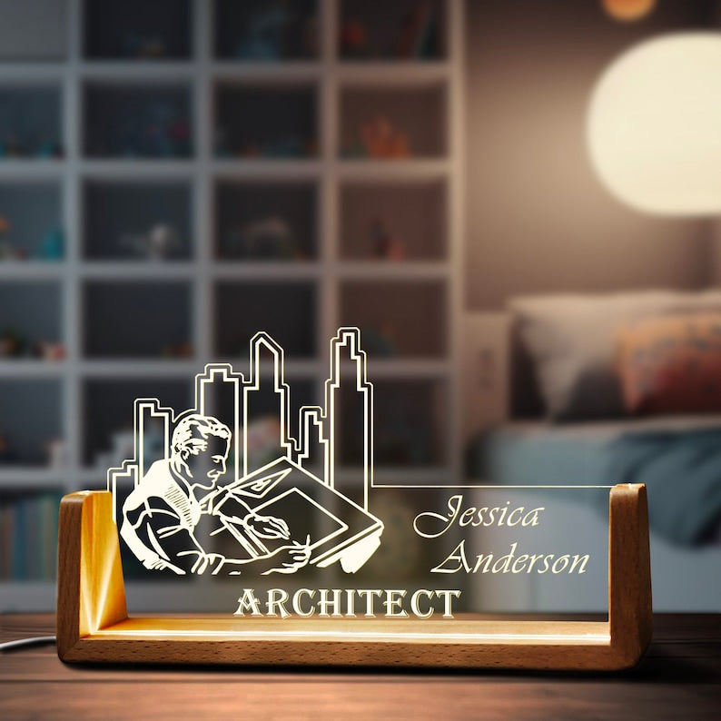 Custom Architect Desk Name Plate Personalized Architecture LED Light Wooden Base Acrylic Office Accessories Wood Name Sign Decor Boss Gift