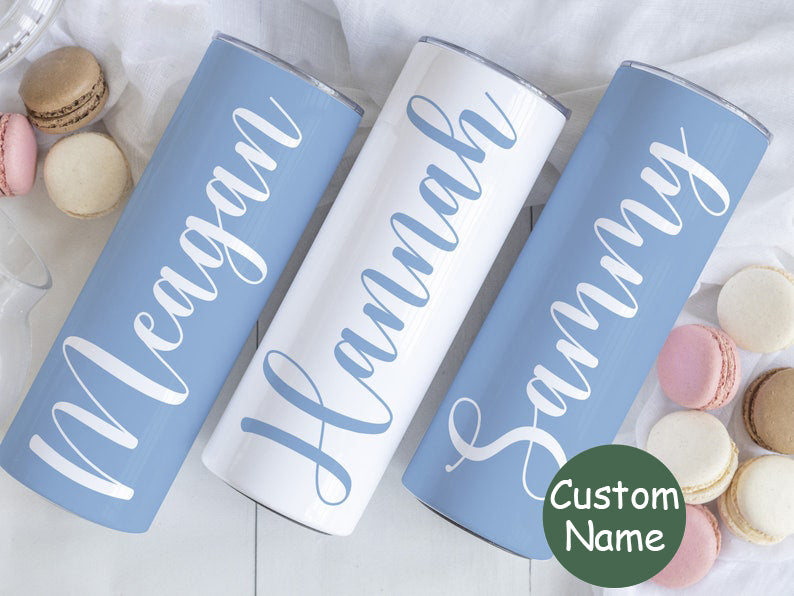 Personalized Bridesmaid Tumblers, Custom Bachelorette Party Skinny Tumblers Bridesmaid Proposal Gift Girls Trip Matching Tumblers Dusty Blue