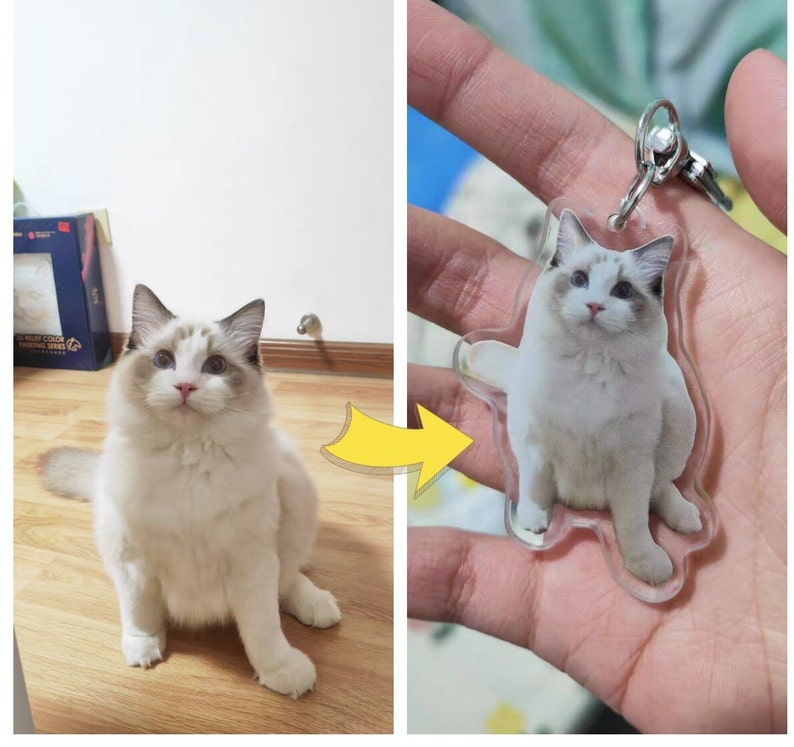 Cat Full Body Custom Acrylic Pet Photo Keychain Personalized Design Key Chain Pet Memorial Gift Watercolor Acrylic Cute Keychain
