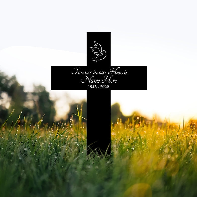 Personalized Memorial Cross Metal, Forever in Our Hearts, Loss of Loved One Condolence Gift, Custom Grave Marker, Custom Memorial Stake