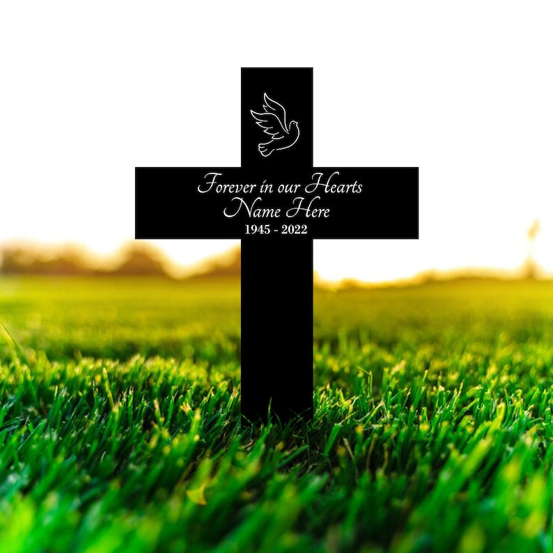 Personalized Memorial Cross Metal, Forever in Our Hearts, Loss of Loved One Condolence Gift, Custom Grave Marker, Custom Memorial Stake