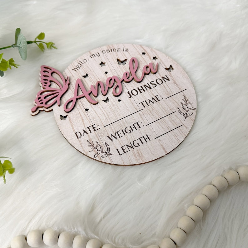 Personalized Baby Announcement Sign with Birth Stats, Birth Stat Sign With Butterfly, Name Reveal, Hello My Name Is Sign, Sign For Hospital