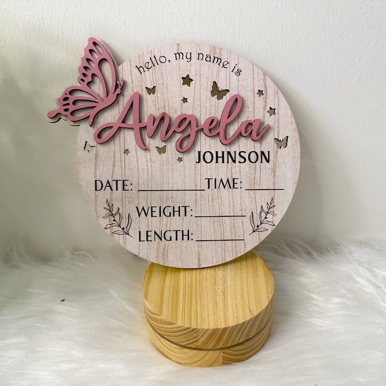 Personalized Baby Announcement Sign with Birth Stats, Birth Stat Sign With Butterfly, Name Reveal, Hello My Name Is Sign, Sign For Hospital