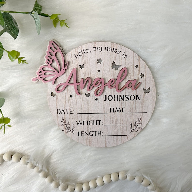 Personalized Baby Announcement Sign with Birth Stats, Birth Stat Sign With Butterfly, Name Reveal, Hello My Name Is Sign, Sign For Hospital
